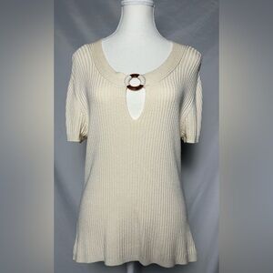 LAURA PETITES Cream Y2K Boho Cottagecore Ribbed Short Sleeve Size‎ L